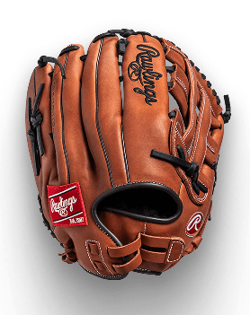 Brown Rawlings baseball glove with Rawlings on the palm and a red tag.